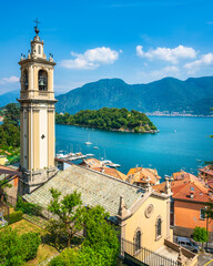 Lake Como, Sala Comacina bell tower from greenway trail. Italy, Europe.