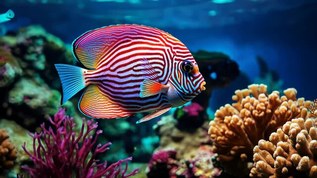 Symphysodon discus fish displays dazzling patterns and colors near vibrant coral reefs, Ai Generated.