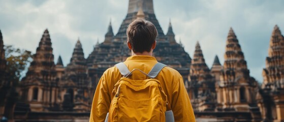 A man wearing a yellow jacket stands in front of a large building.