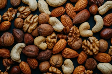 Assorted nuts textured pattern on dark surface. AI image