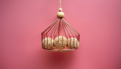 a bird feeder with three balls of food in it the feeder is on a pink background