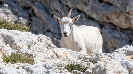 Obraz premium Young White Mountain Goat on Sunlit Rocks