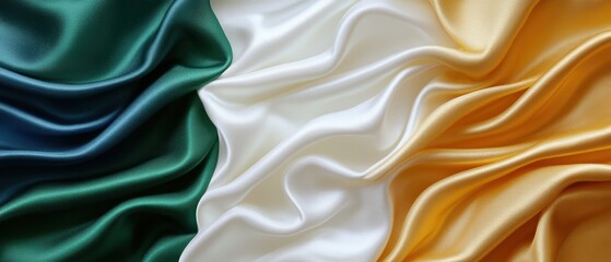 Fototapeta premium A detailed close-up of green, white, and yellow silk fabric showcasing texture and color.