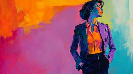 Confident woman brightly colored painting stands peacefully.