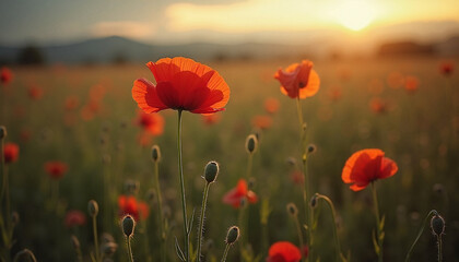 Fototapeta premium Poppy flowers blooming in sunset field, Poppy field, Blooming fields