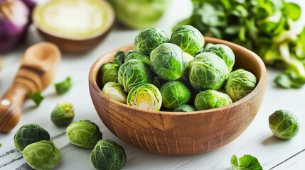 A close-up view of a bowl filled with brussels sprouts and assorted vegetables.
