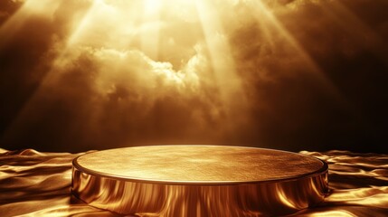 Golden stage podium with dramatic light rays illuminating the elegant scene
