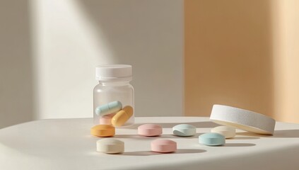 Colorful pills in a clear bottle, studio setting with sunlight, health care concept