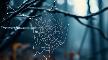 Spiderweb covered in dewdrops hangs between branches in a misty, atmospheric forest scene. Focus on nature's beauty.