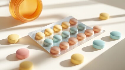 Colorful pills in blister pack, sunlight shadows, health care product
