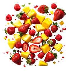 Fresh Strawberries Mango and Pineapple Pile Isolated on Transparent Background