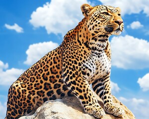 Naklejka premium Leopard Perched for African Savanna, Sunny Sky.