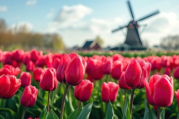 Vibrant pink tulips field with windmill backdrop
