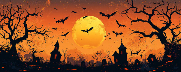 Haunting halloween night spooky graveyard digital artwork eerie atmosphere sunset view seasonal celebration