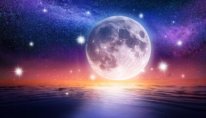 full moon with stars at colorful night sky