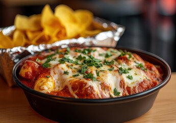 Cheesy Enchiladas with Red Sauce and Fresh Herbs Served with Crispy Tortilla Chips in a Cozy Restaurant Setting