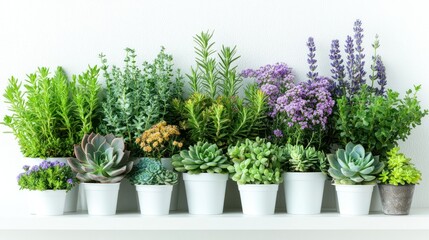 Potted succulents and herbs on white shelf