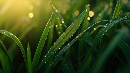 Close-up of vibrant green grass blades covered in glistening dew drops, bathed in warm, soft sunlight creating a bokeh effect.