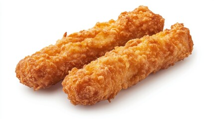 Two crispy fried chicken sticks placed on a clean white surface.