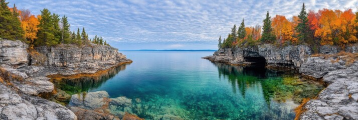 Fototapeta premium A vast water body surrounds a central cave, creating a striking natural landscape.