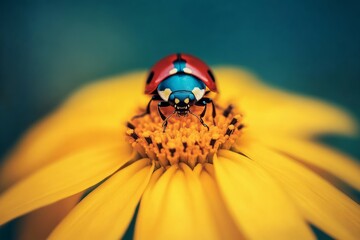 Ladybug resting on vibrant yellow flower in natural light. AI image