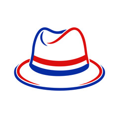 Fedora icon with red and blue stripes, fashion accessory concept