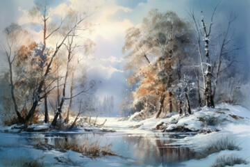 winter landscape watercolor painting. The painting depicts a snow-covered river bank surrounded by trees, on which the remains of autumn foliage and snow cover are visible. 