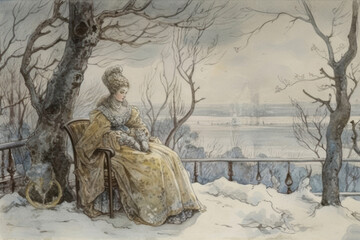 an elegant woman in a luxurious dress of the 18th-19th century, sitting on a chair on a snowy terrace.  