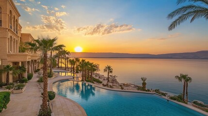 Fototapeta premium Aerial view of a serene pool surrounded by palm trees during a vibrant sunset.