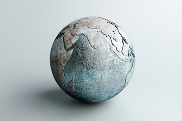 A textured metallic globe depiction of the earth on a white surface