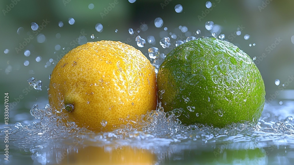 Poster lemon and lime embracing refreshment in a cascade of water droplets