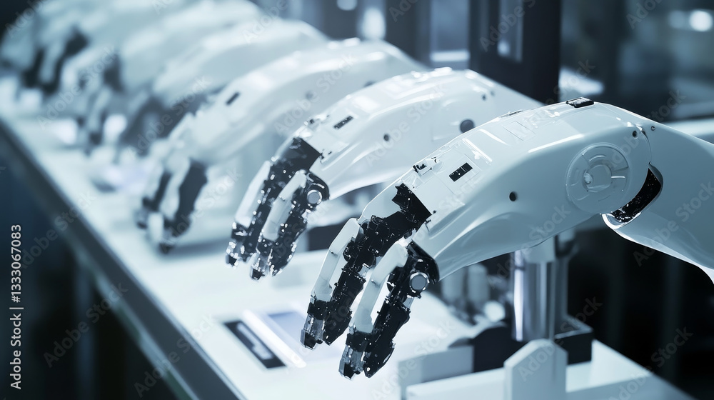 Poster flat auto robots factory. electronic assembly of bot or machine operator arm or auto robot hand, ind