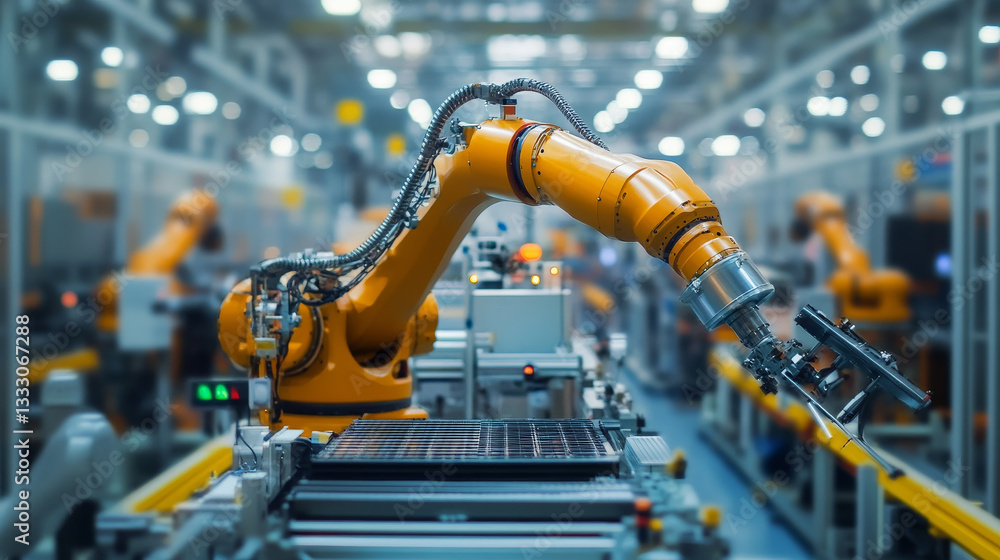 Poster orange robotic arm works efficiently in a high tech factory, showcasing advanced automation and inno