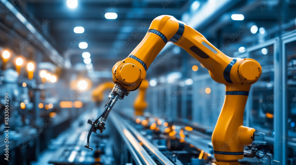 Aufkleber orange robotic arm works efficiently in a high tech factory, showcasing advanced automation and inno