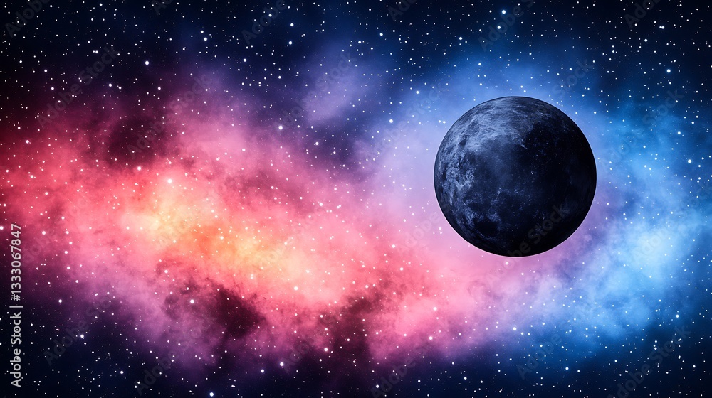 Poster a dark planet floating in a colorful cosmic nebula