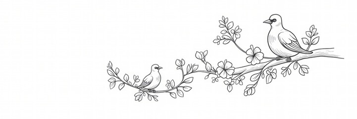 Elegant sketch of two birds perched on a blossoming branch, perfect for nature-themed designs, invitations, or eco-friendly branding.