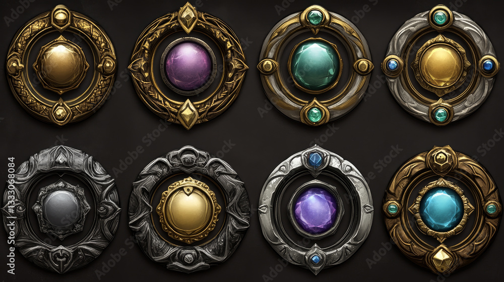 Poster game circle metal frames. round textured avatar borders, cartoon empty metallic game asset icons for