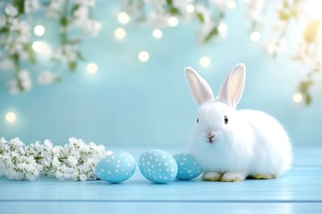 Fototapeta premium A white rabbit sits beside blue eggs in a charming spring scene.