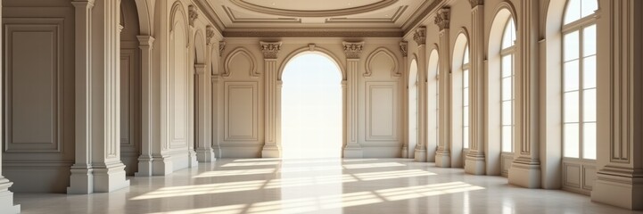 Elegant, sunlit interior of a spacious, classic architectural hall, perfect for showcasing events, galleries, or luxury products.