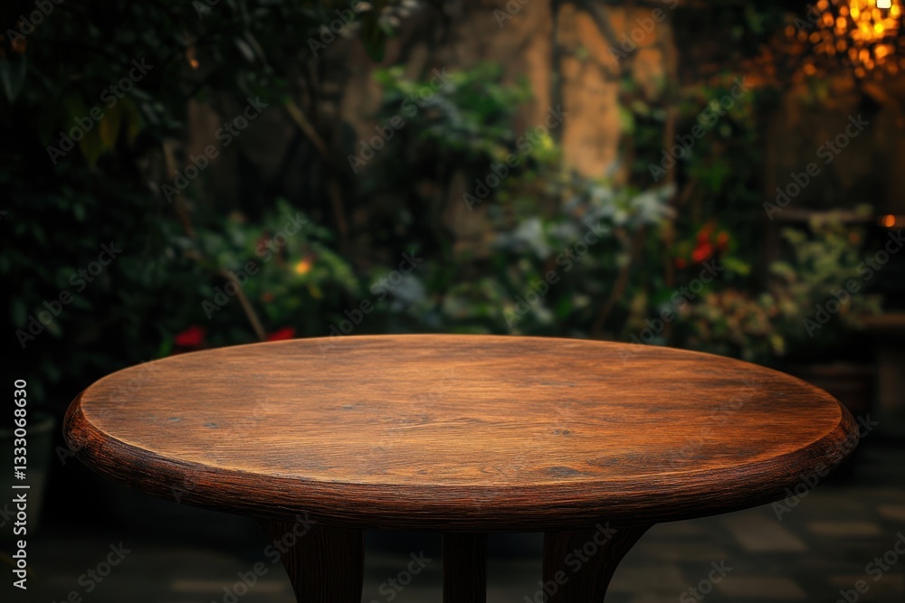 Aufkleber rustic round wooden table provides surface for display with lush greenery in background