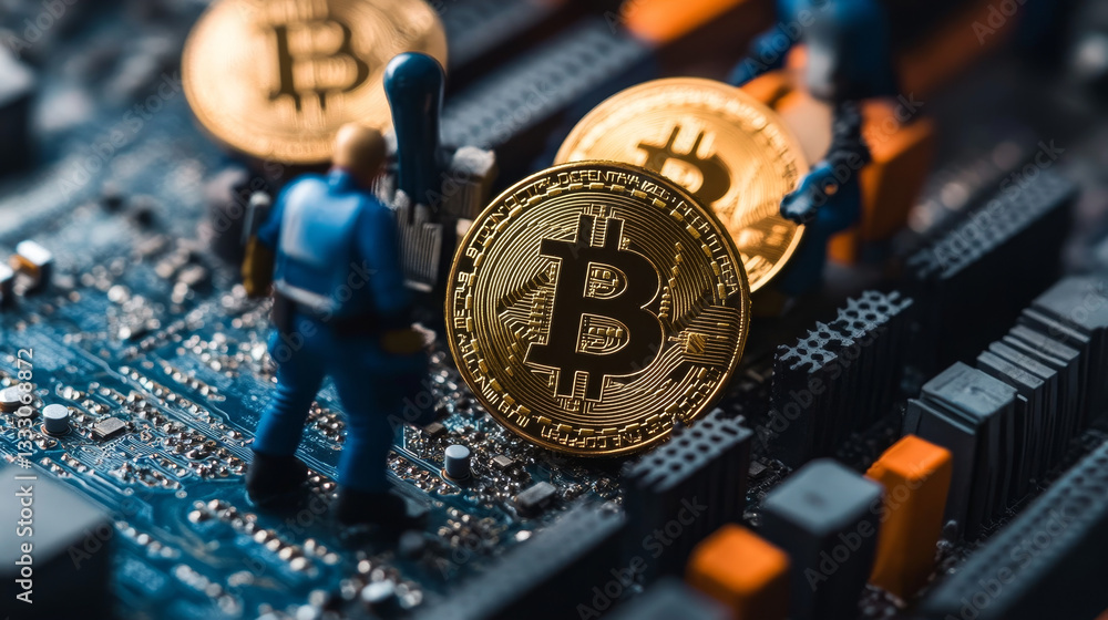 Poster blockchain and cryptocurrency landing page. isometric people mining coins. internet exchange minings