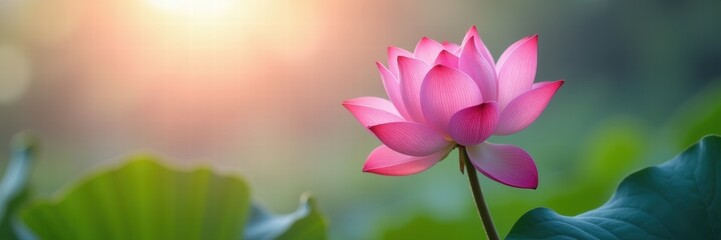 Obraz premium Beautiful pink lotus flower in serene natural surroundings, symbolizing peace, purity, and tranquility. Perfect for wellness, nature, and botanical themes.