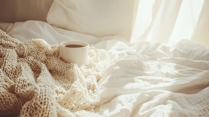 Cozy morning scene with coffee bedroom still life natural lighting close-up view relaxation concept
