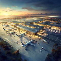 Airport operations during sunset global hubs aerial photography urban environment high-altitude view transportation concepts