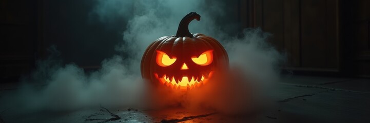 Fototapeta premium A sinister glowing jack-o-lantern emerges from eerie fog, perfect for Halloween-themed projects, spooky decorations, or haunted event promotions.