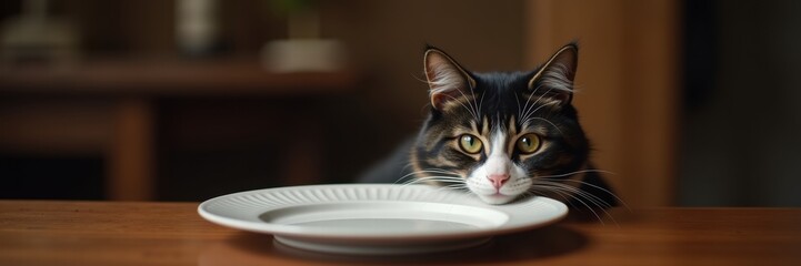A curious cat resting its head on a table, gazing longingly at an empty plate. Perfect for pet-related content, food blogs, or animal welfare campaigns.