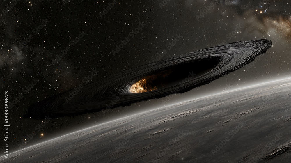 Poster a large ring encircles a planet in the vastness of space