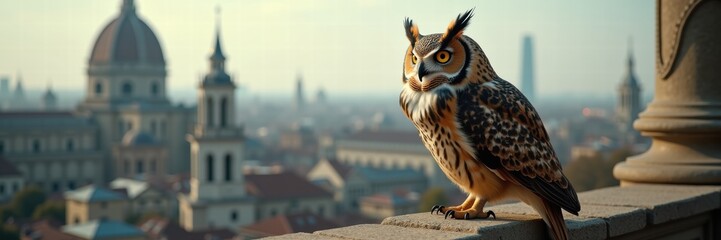 Obraz premium A majestic owl perched against an urban skyline, blending nature with city life. Perfect for themes of wisdom, nature conservation, and urban wildlife.