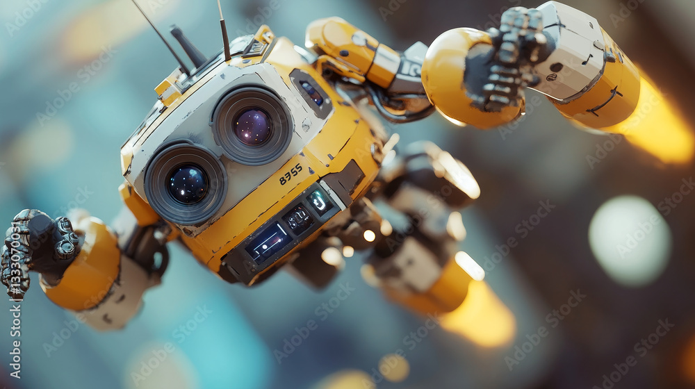 Poster yellow and gray friendly robot with a camera and claw arms, flying and hovering with rocket boosters