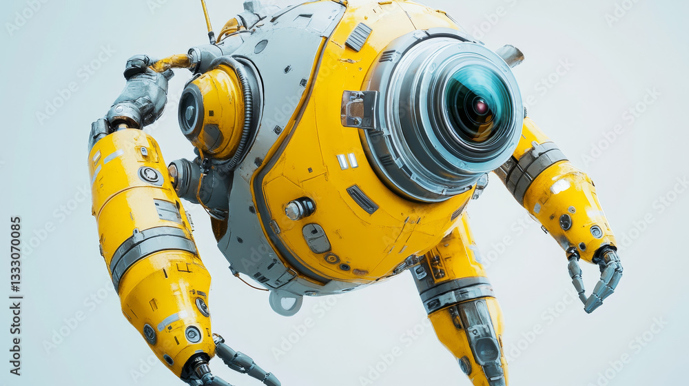 Aufkleber yellow and gray friendly robot with a camera and claw arms, flying and hovering with rocket boosters